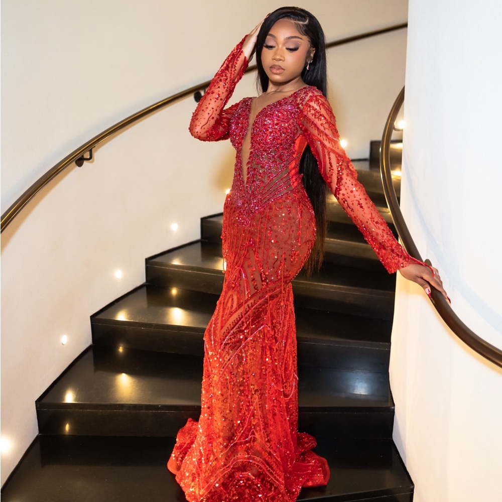 Red beaded prom dress